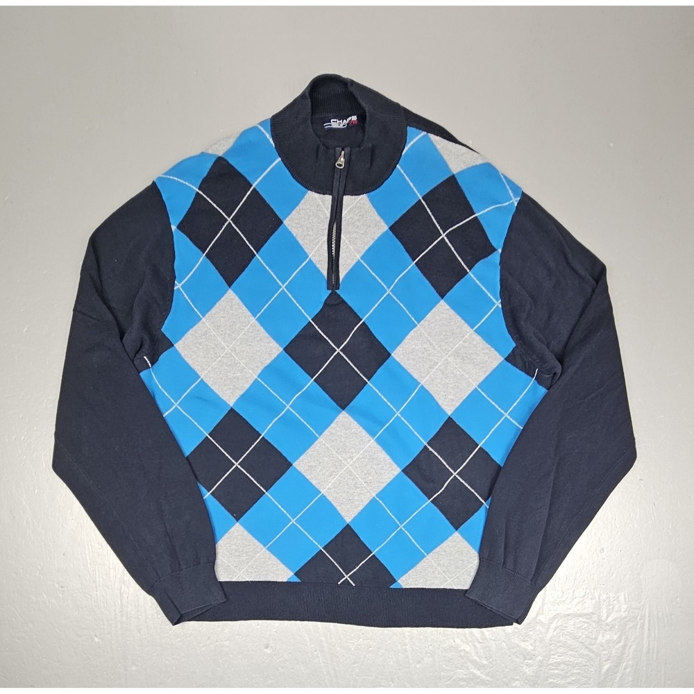 Vintage Chaps Golf 78 Qt. Zip Mens XL Blue Diamond Argyle Sweater Casual Preppy.